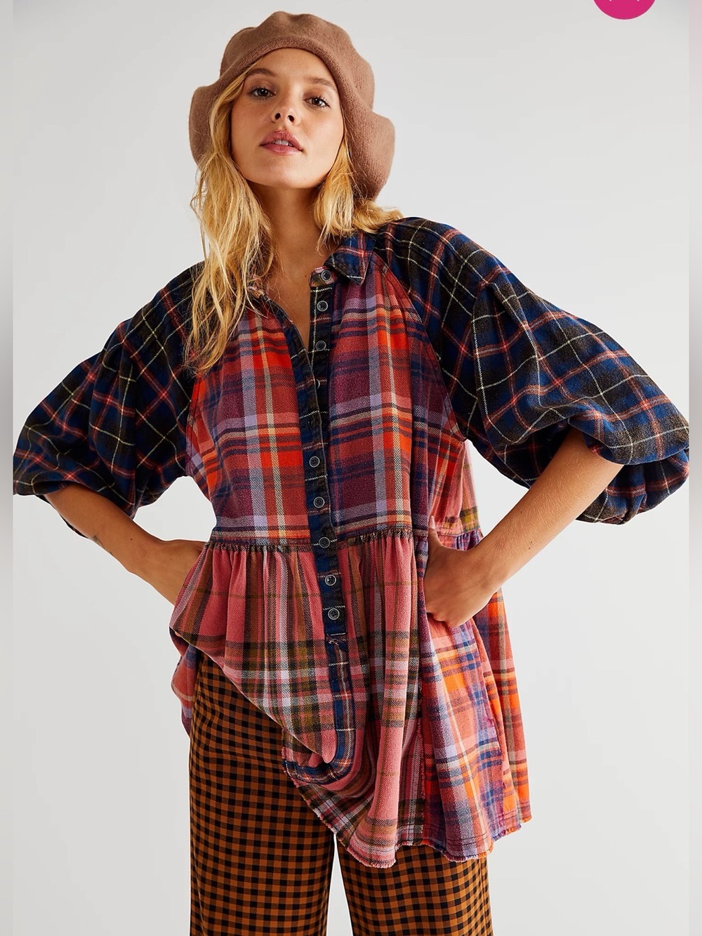 FREE PEOPLE Oversized Boho Cozy Babydoll Patchwork Moon Bay Mixed Plaid Top Sz M